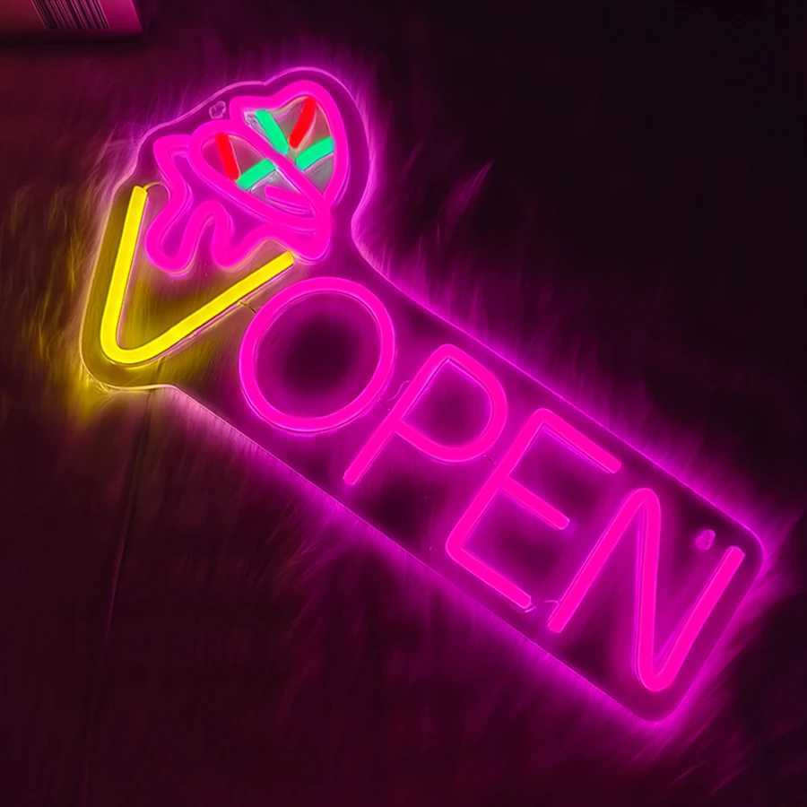 Ice Cream Cone Neon Sign Open Pink Letter Lamp Usb Powered Used In Restaurants Cafes Ice Cream Shops Business Decor Lights H251201