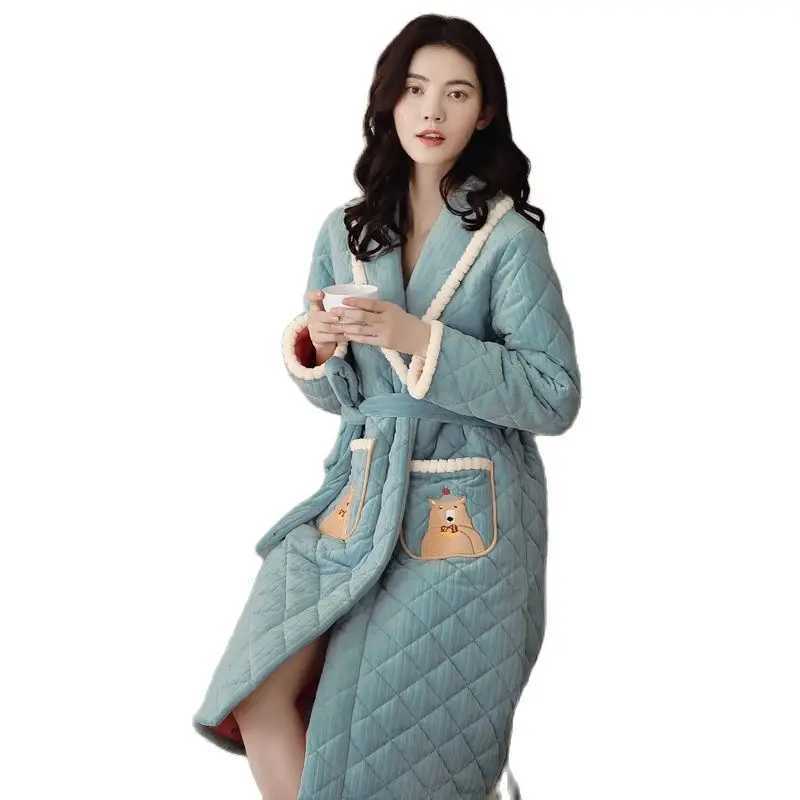 Winter Thick Warm Women Three Layer Cotton Robe Long Sleeve Casual Soft M-XXL Female Bathrobe C251202