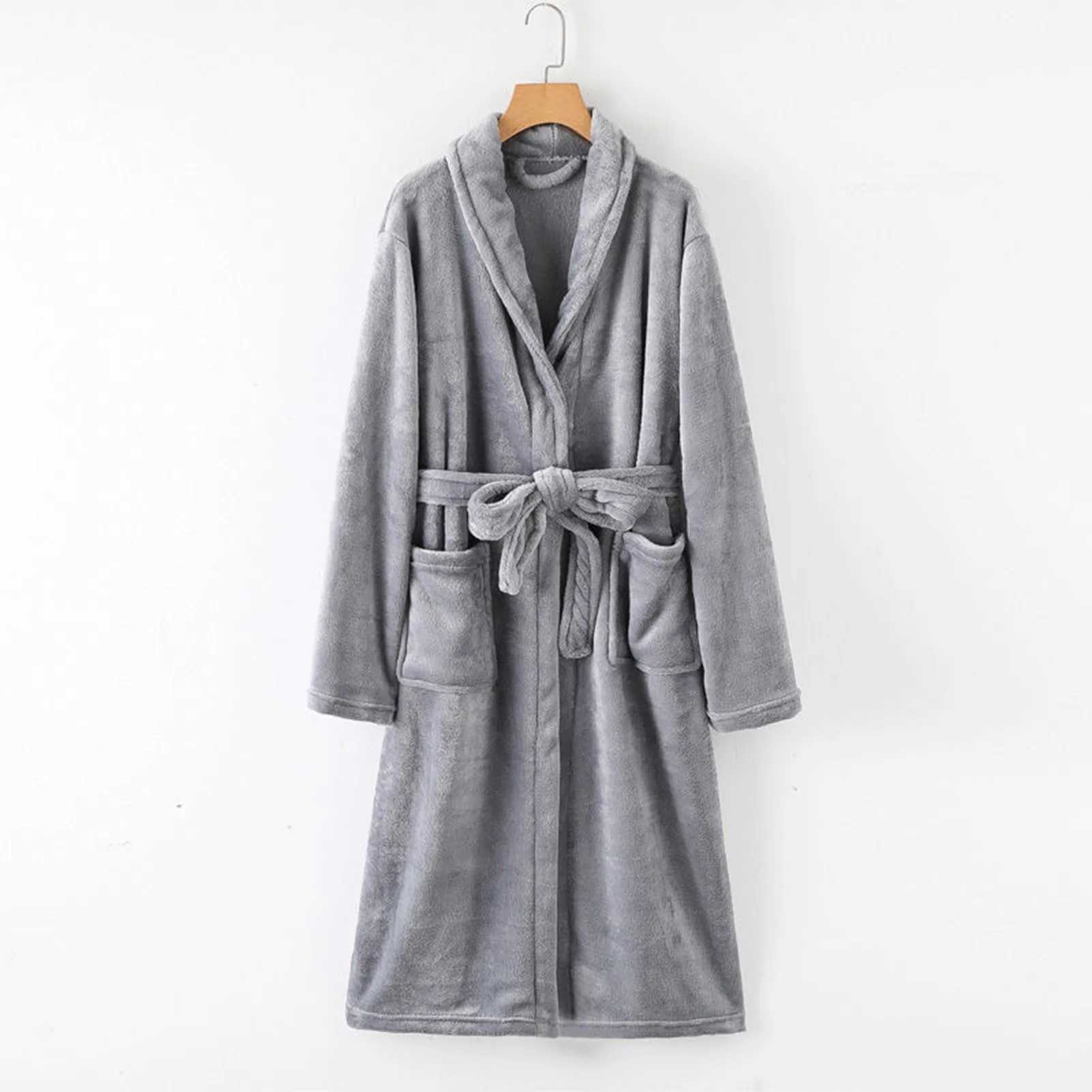 Unisex Bathrobe Luxurious Mens Winter Nightgown with Plush Coral Fleece Long Sleeve Robe with Tie Waist Pockets Cozy Homewear C251202