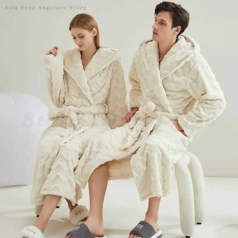 Autumn Winter Couple Sleepwear Flannel Hooded Robe Home Wear Thicken Warm Coral Fleece Yukata Loungewear Loose Bathrobe Pajama C251202