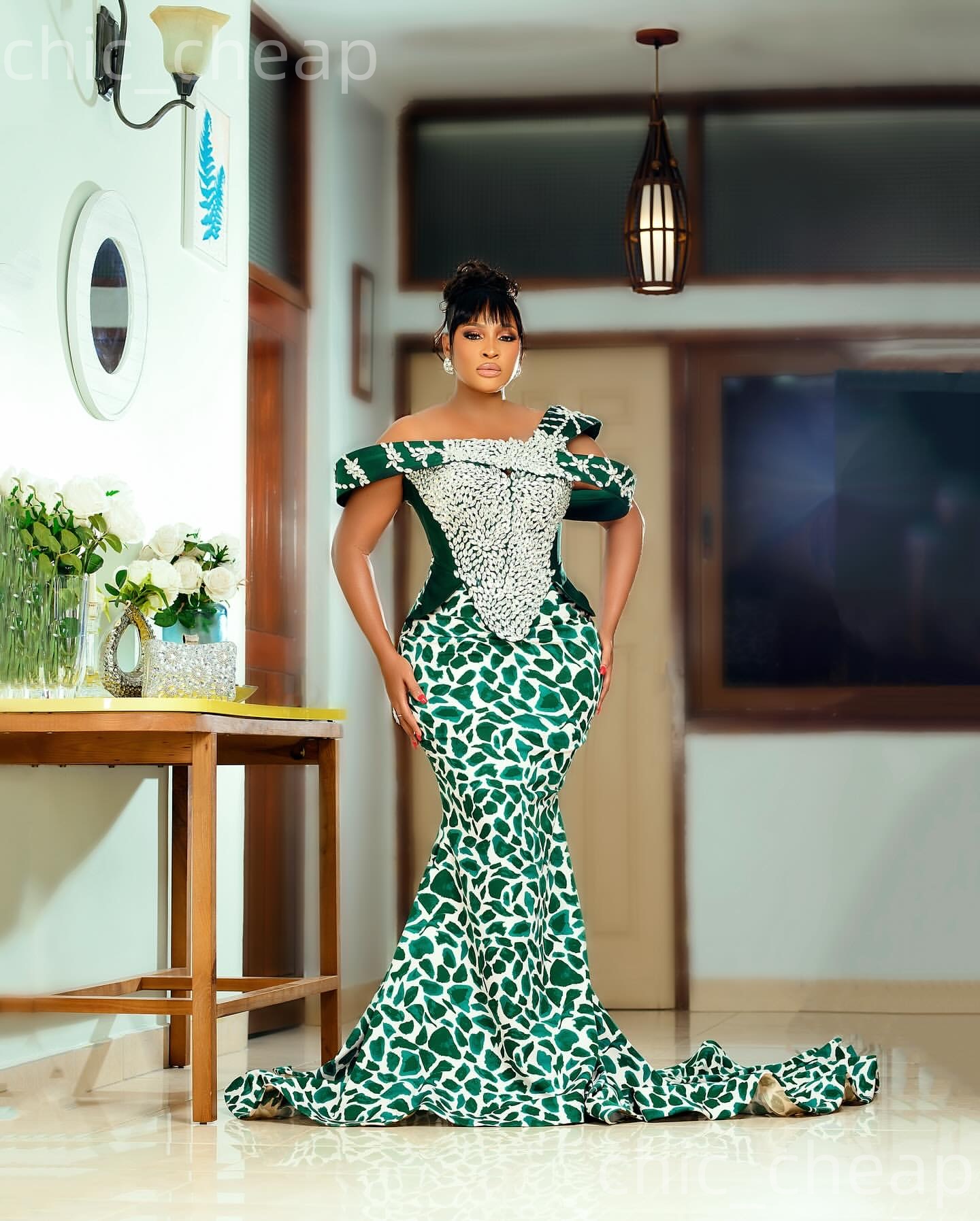 Aso Ebi Green Mermaid Prom Dresses 2026 Crystals Printed Evening Formal Party Second Birthday Engagement Gowns Plus Size Dress For Special Occasions