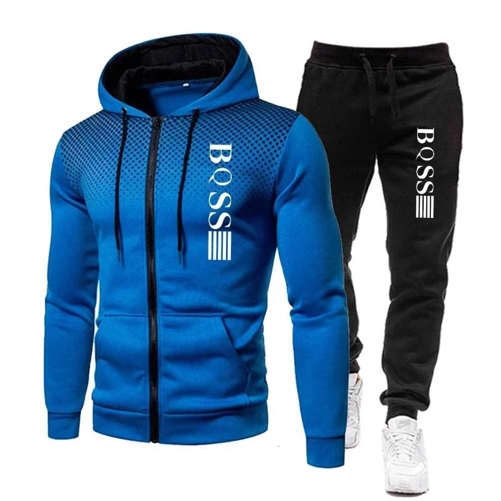 Fashion Print Tracksuit for Men Zipper Hooded Sweatshirt and Sweatpants Two Pieces Suits Male Casual Fitness Jogging Sports Sets W251202