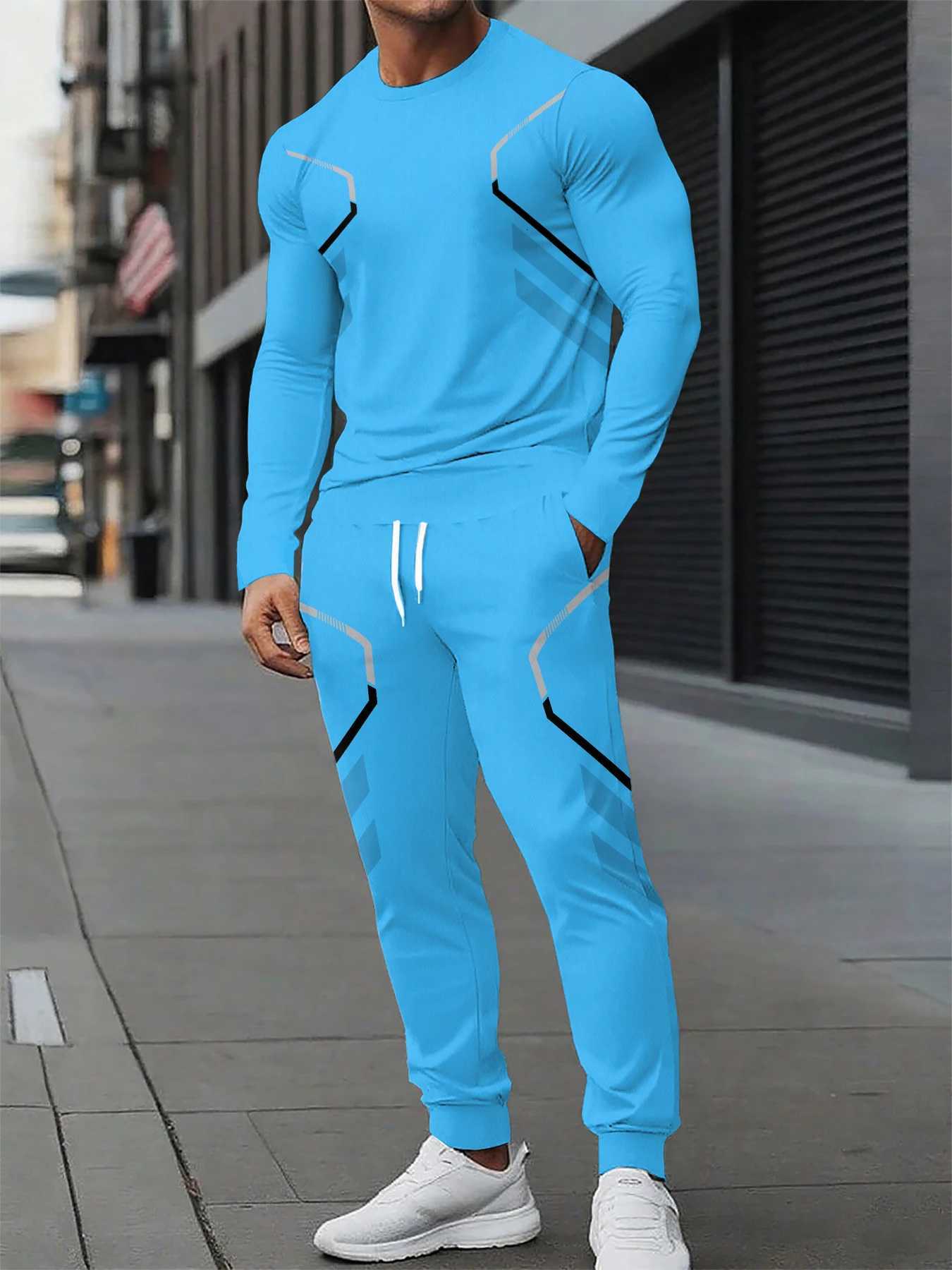 The new mens round-neck sweatshirt set for Spring and Autumn 2025 features street fashion and comfort with 3D pattern printing W251202