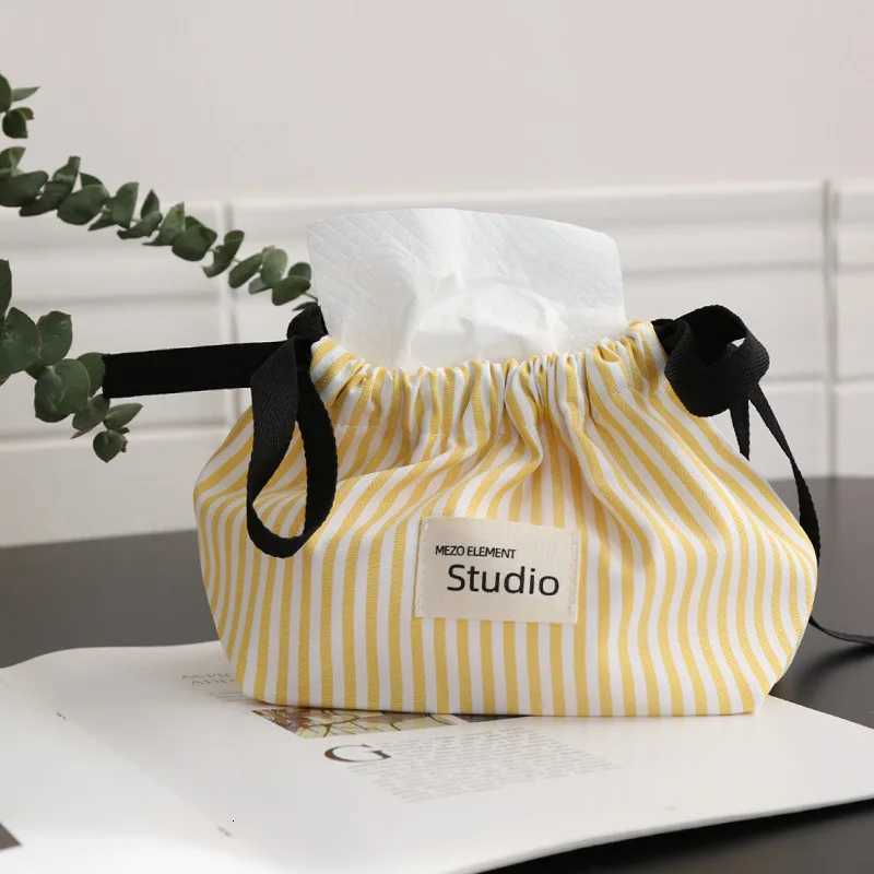 Striped Drawstring Tissue Box Cosmetic Organizer Pouch Car Storage Bag Portable Napkin Holder He Decor Essential Tissue Case H251201