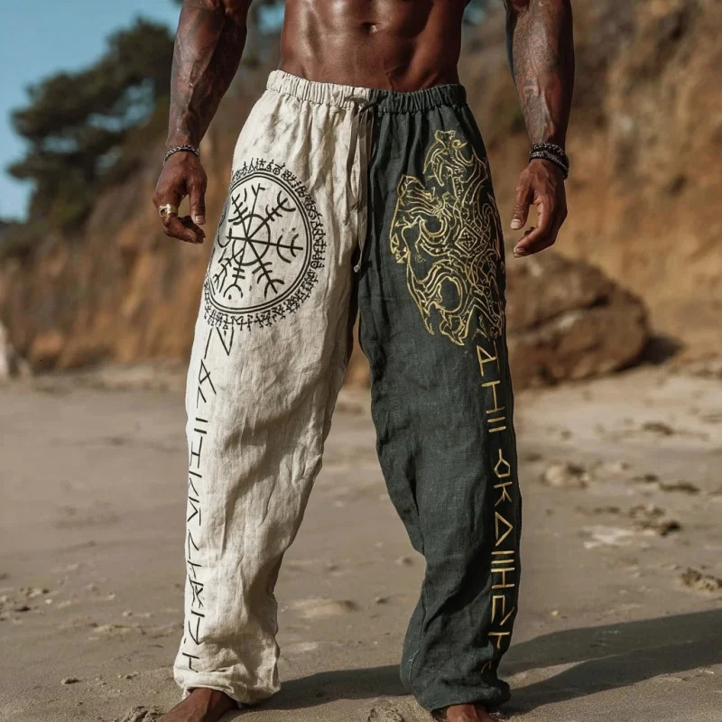 Mens Viking Retro Nordic Totem Two tone 3D Printed Casual Pants Drawstring Straight Leg Pants Summer Beach Pants251129