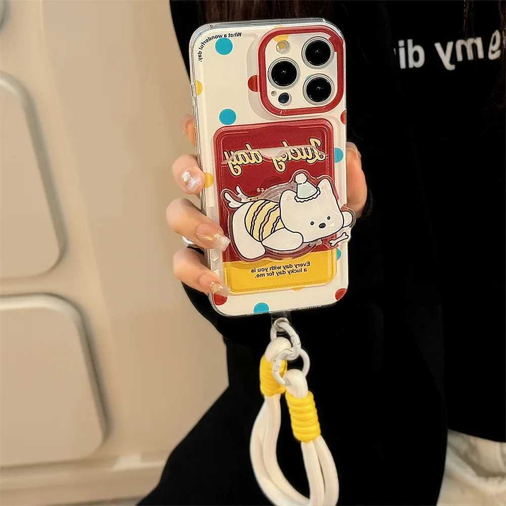 Polka Card Holder Phone Case with Puppy Stand and Lanyard for iPhone 15 PRO MAX 14 13 12 11 XS X XR SE 8 7 PLUS Phone Cover J251202