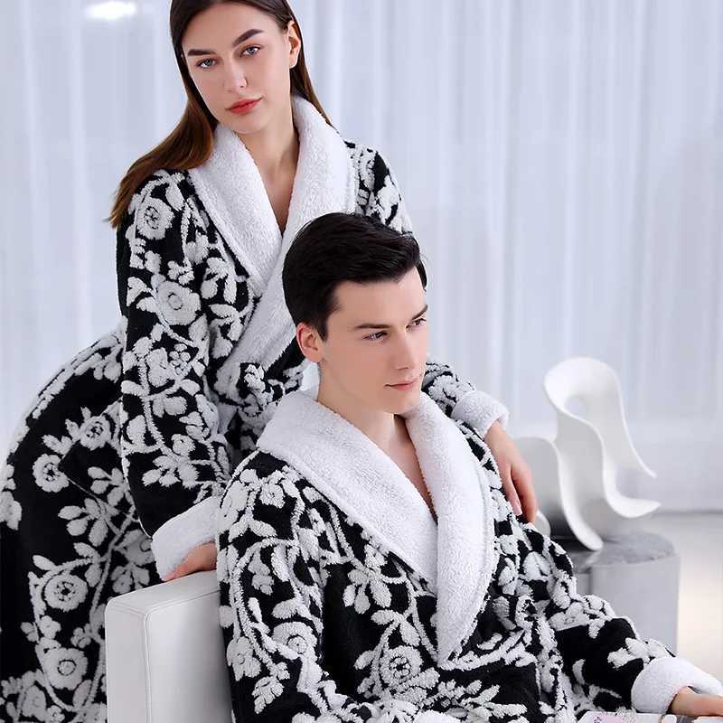 Jacquard Double Layer Thicken Robe Gown Women and Men Sleepwear Winter Warm Nightgown Coral Fleece Lovers Bathrobes Lingerie C251202