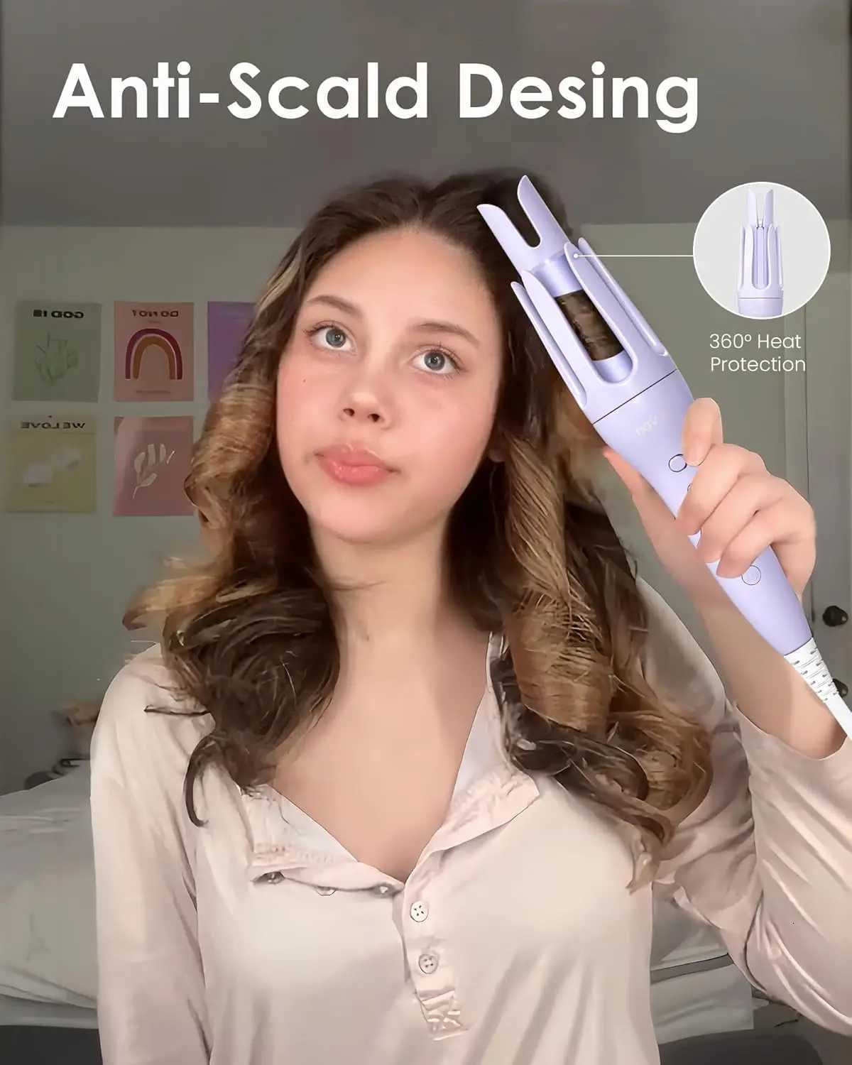 125 Inch Rotating Curling Iron for Effortless Waves and Beach Curls Auto Hair Curler with 60M Ions Anti-Scald Fast Heating fo C251202