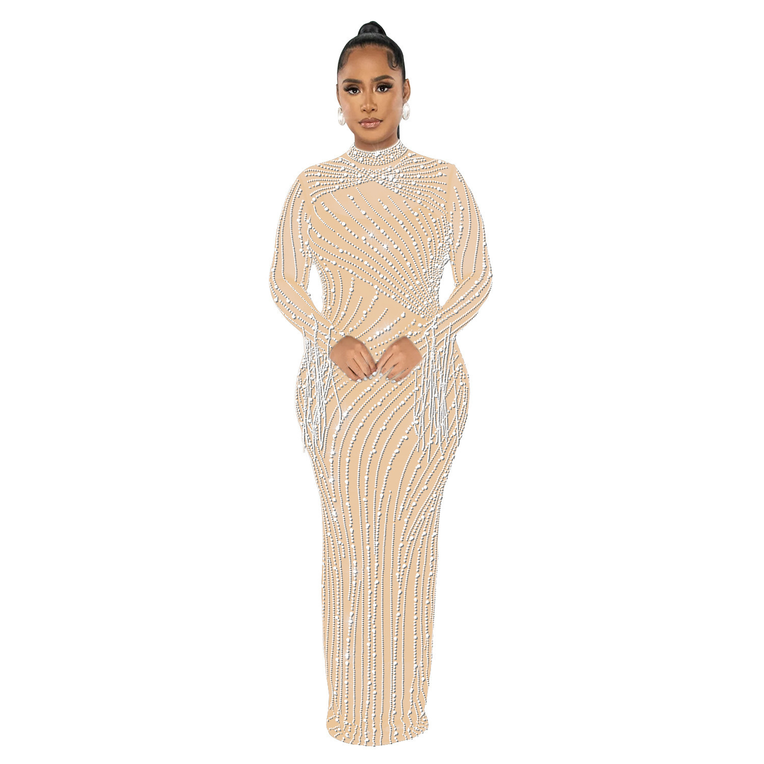 Womens Mesh Diamonds Long Sleeve Prom Dresses Party Formal Bodycon Evening Gown Vestidos Clothing Traf Y2k Zevity 240920
