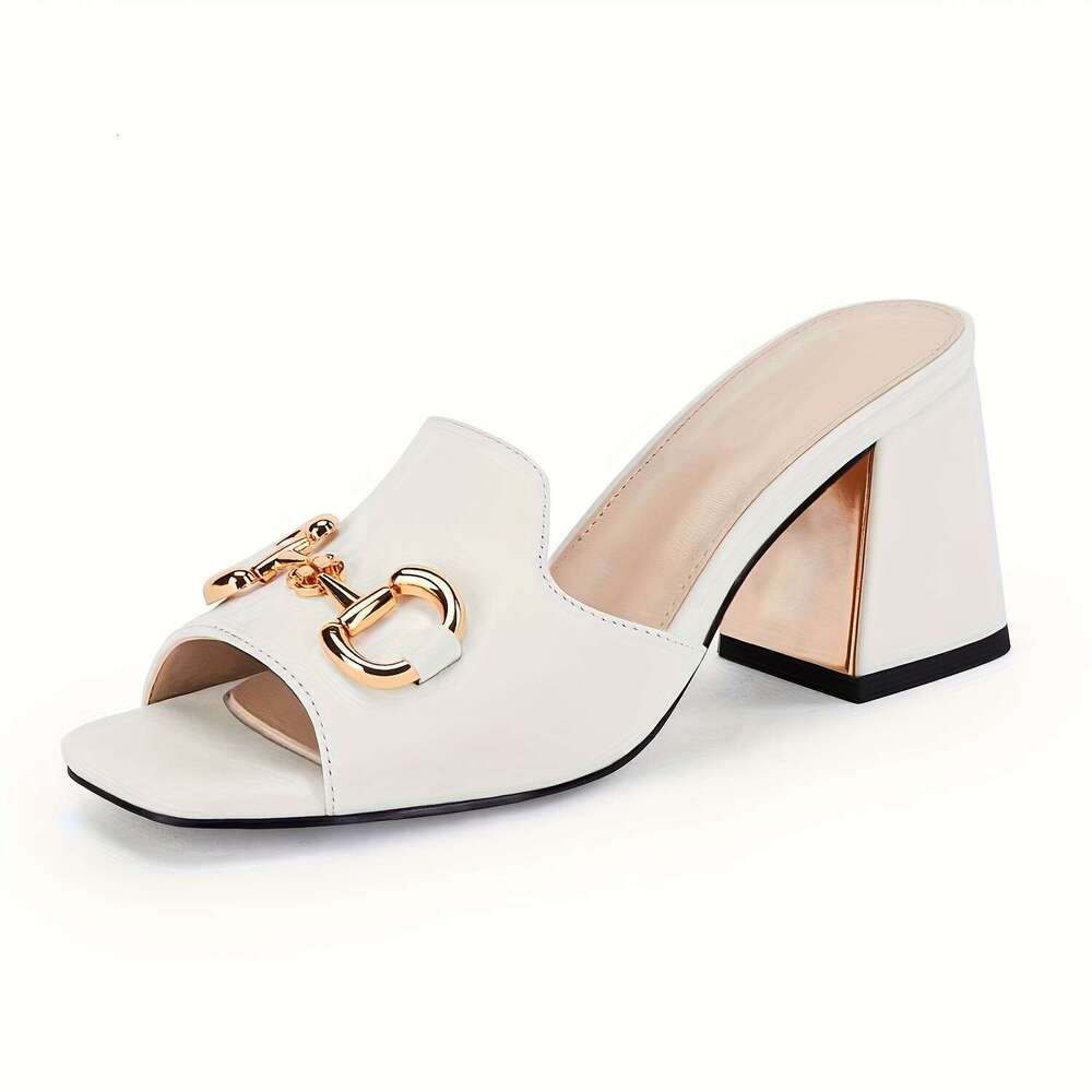 Women's Sandals Peep Toe Slides Chunky Heel Mules Single Band Comfort Slip-On Shoes With Metal Chain For Spring Summer