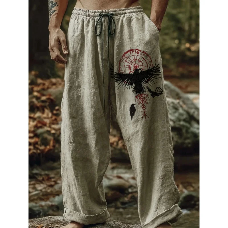 Mens Viking Retro Nordic Totem Two tone 3D Printed Casual Pants Drawstring Straight Leg Pants Summer Beach Pants251129