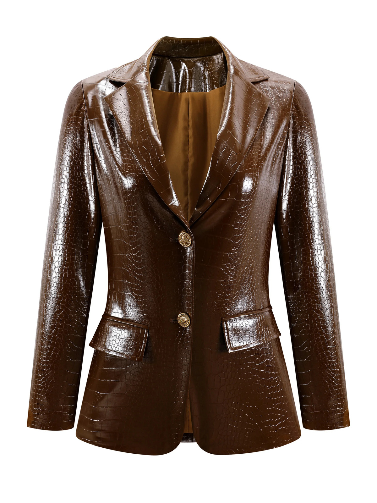 Womens Crocodile PU Leather Blazer Retro Brown Fitted Jacket for Office Professional Wear All-Season Elegant Coat 251201