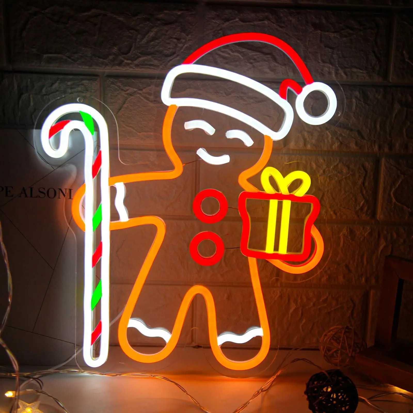 Gingerbread Man LED Neon Sign for Wall Decor Christmas Dimmable Lights Living Room Kids Room Holiday Party Window Festive Gift H251201