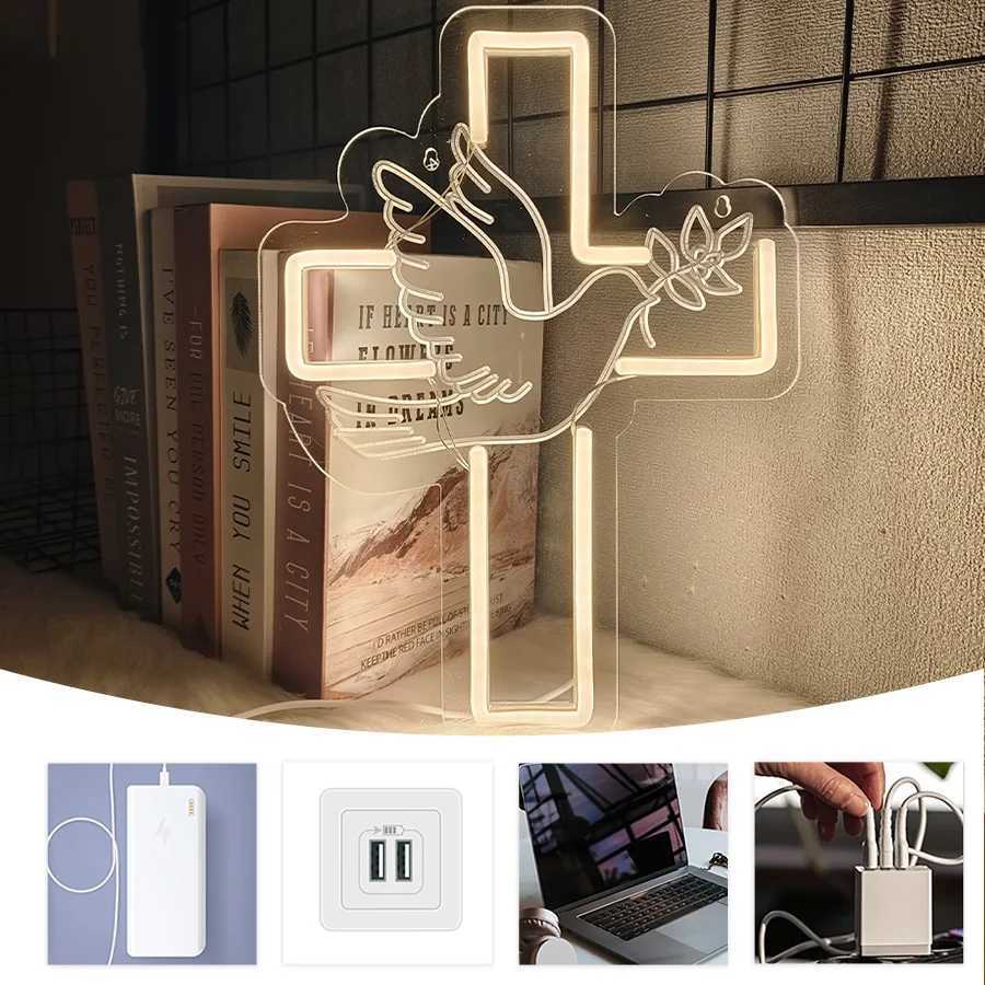 Cross Led Neon Sign Warm White Dove Icon Usb Powered For Jesus Church WeddingHome Easter Activities Decor Easy To Hang H251201