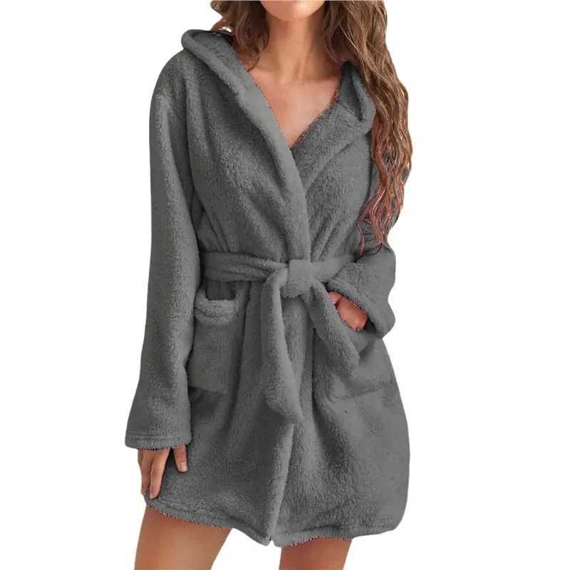 LNHF Womens Plush Mid-Length Belt Soft Bathrobe With Pockets Autumn And Winter Hooded Home Plush Pajamas C251202