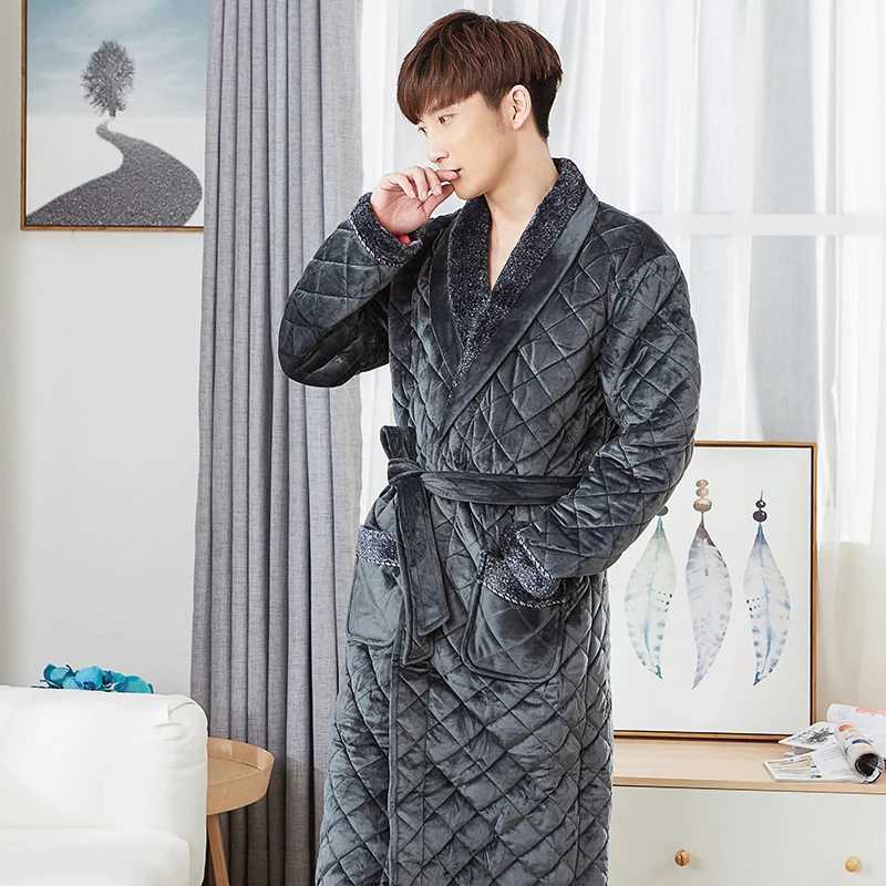 Thick 3 Layers Warm Winter Bathrobe Men Soft Flannel Quilted Long Kimono Bath Robe Male Dressing Gown for Mens Coral Fleece Robe C251202