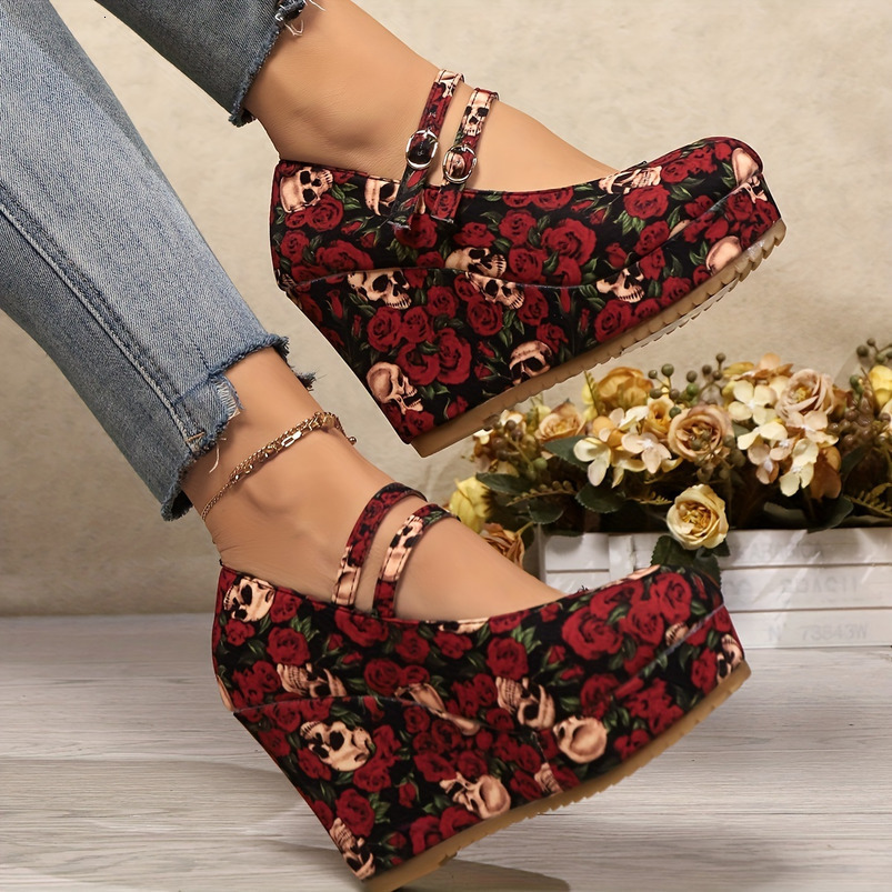Graceful Ladies Wedge High Heels with Rose Print Glitter Embellishments - Comfortable and Stain-Resistant All-Season Platform Shoes
