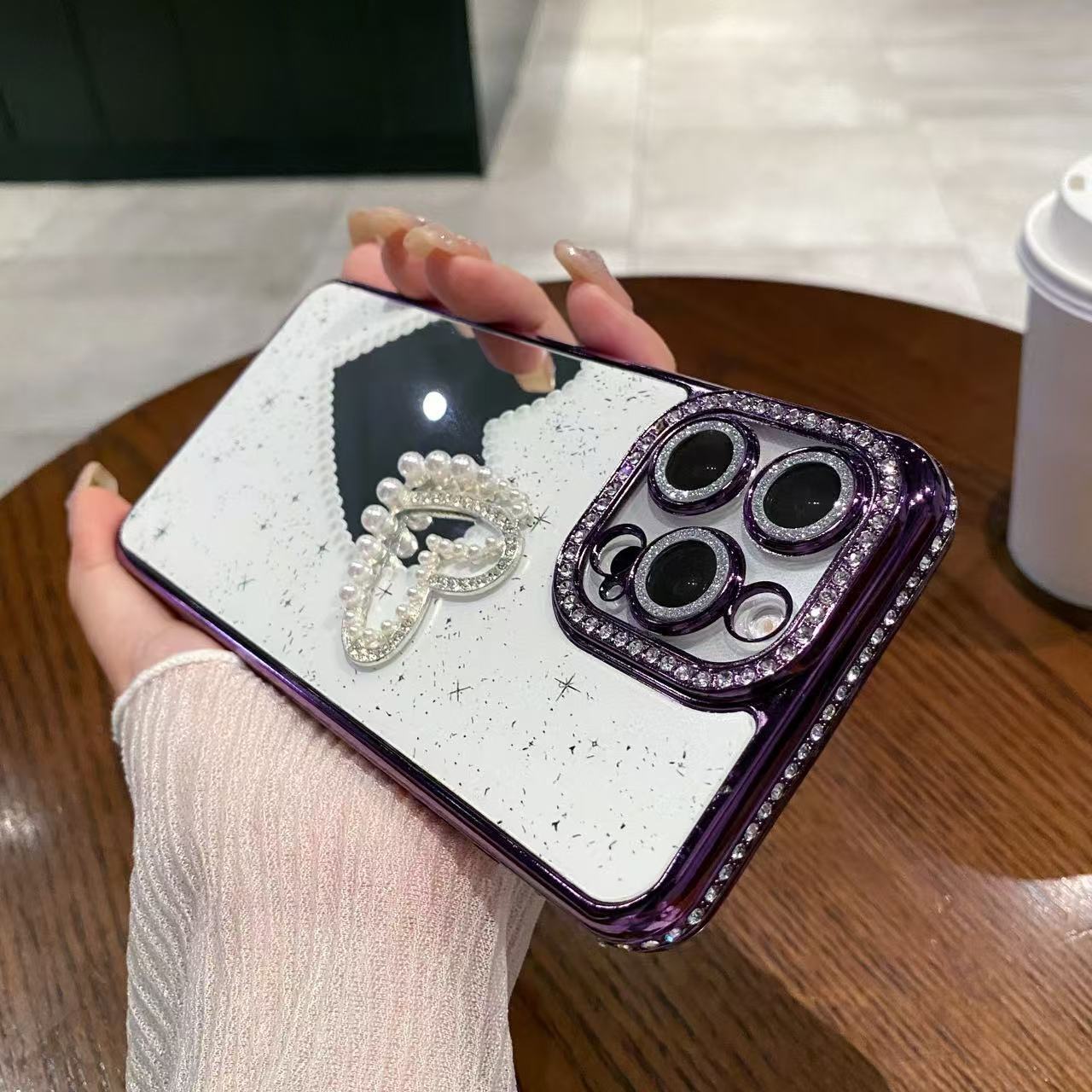 Pearl Heart Makeup Mirror Phone Case iPhone 16 Pro Max Compatible With Apple 15/14/13 Pro Electroplated Sparkling Diamond Case