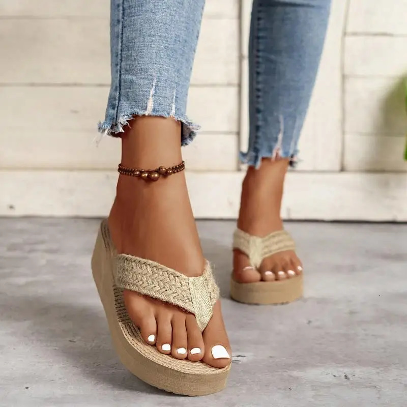 Bohemia Twine Weave Strap Flip Flops Women Summer Classic Chunky Platform Wedge Heels Slippers Women Sexy Beach Sandals 251201