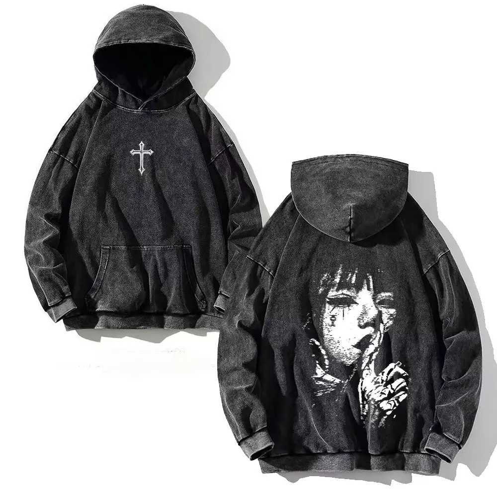 Y2K Washed Hoodies Vintage Cotton Women Men Skull Cross Print Hooded Sweatshirts Oversize Hip Hop Male Pullover Winter Clothes J251203