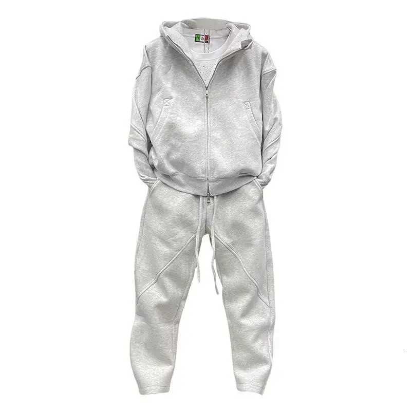 A simple American hooded sweatshirt cardigan casual pants set for men trendy and fashionable style two loose jackets W251202