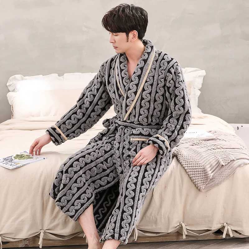 Men Sleepwear Robe Winter Flannel Thicken Terry Robe Male Long Sleeve Kimono Warm Bathrobe Home Wear Peignoir Men Robe C251202