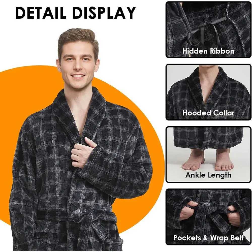 Large Plaid Shawl Collar Full-Length Fleece Bathrobe for Men C251202