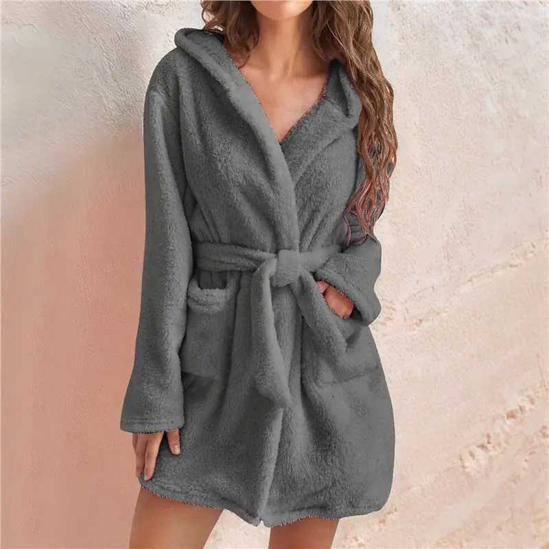 LNHF Womens Plush Mid-Length Belt Soft Bathrobe With Pockets Autumn And Winter Hooded Home Plush Pajamas C251202
