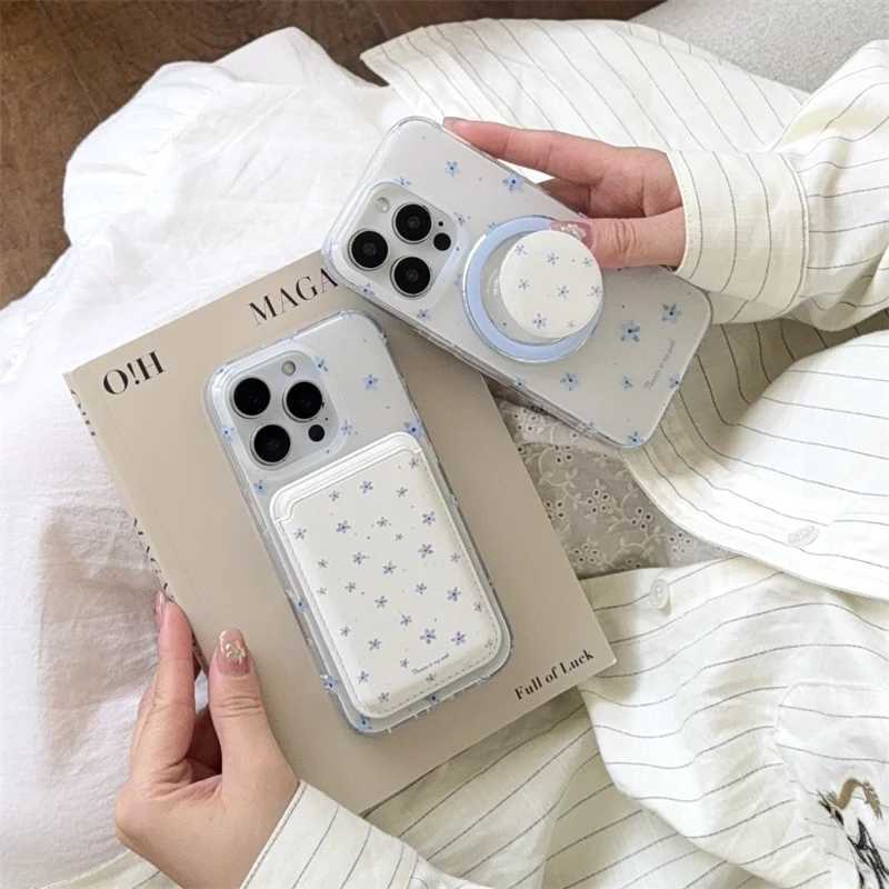 Korean Ins Flower Magnetic Stand Phone Case For iPhone 16 Pro 15 14 13 Pro Max Cover with Card Holder Cute Cases Funda J251202