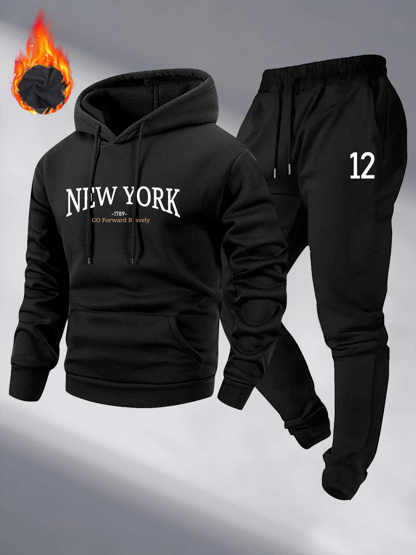 Mens Autumn and Winter Pattern Casual Two-Piece Set Hooded Sweatshirt and Pants with Pockets Regular Fit Outdoor Sport Suit W251202