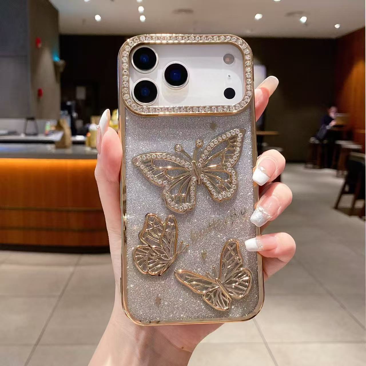 3D Butterfly Rhinestone Phone Case iPhone 17 Pro Max Compatible with Apple 16 Electroplated Gradient Glitter Paper Case