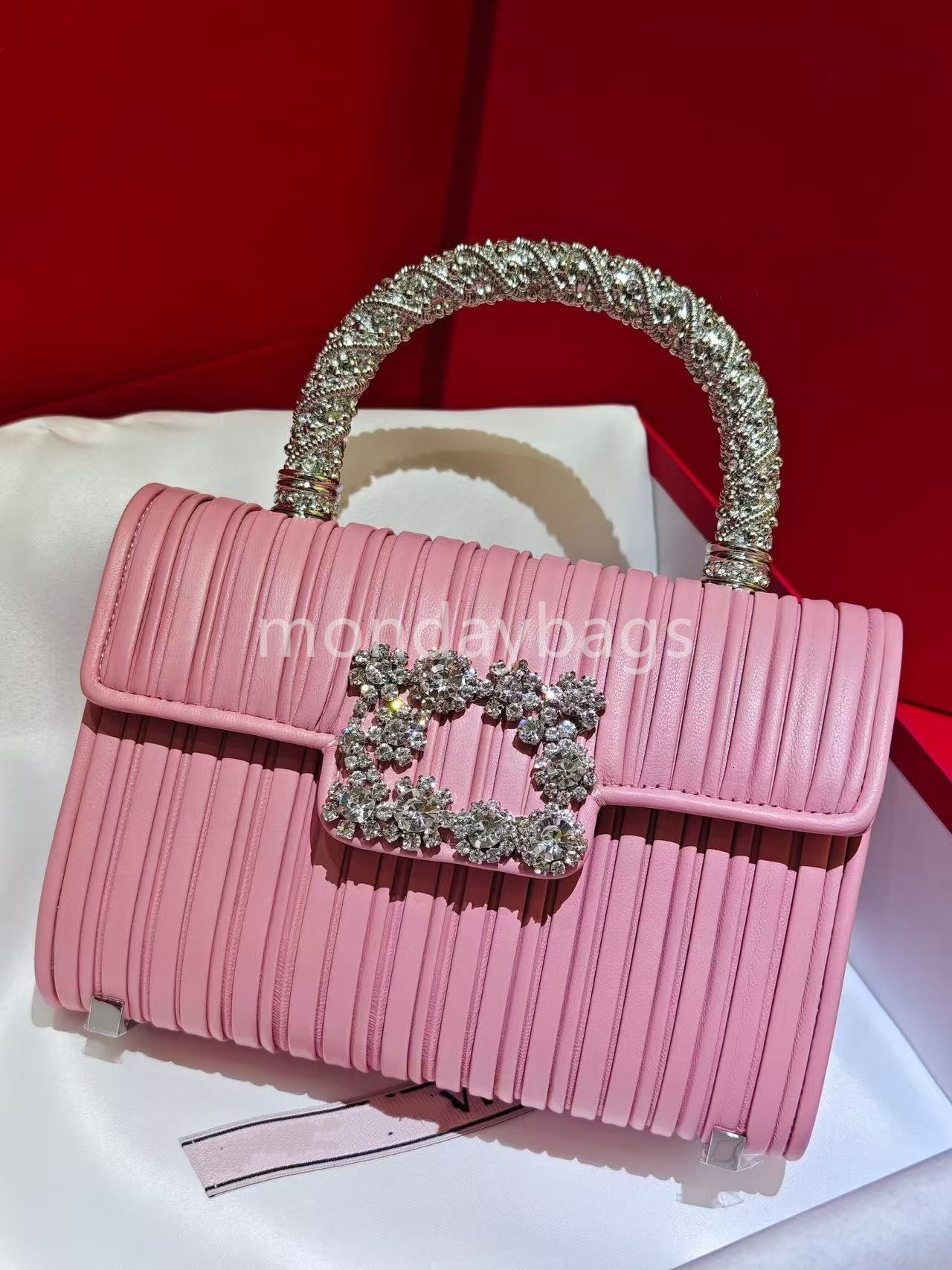 Leather tote bag pink handbag Designer bag Luxury bag Classic crystal handbag Handheld crossbody dual-use Velvet made with rhinestone inlaid buckle