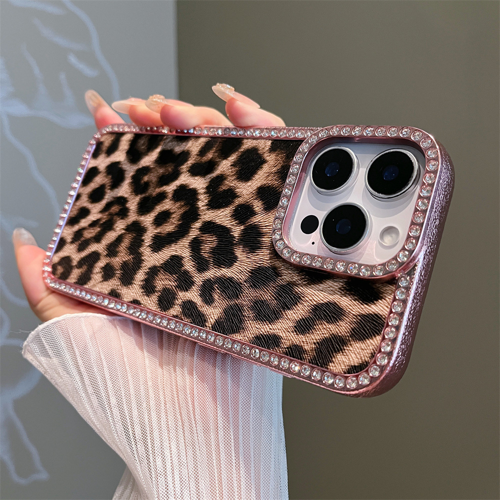 Diamond-Encrusted Leopard Print Phone Case iPhone 16 Pro Max Compatible with Apple 15/14 Pro Protective Shockproof Cover