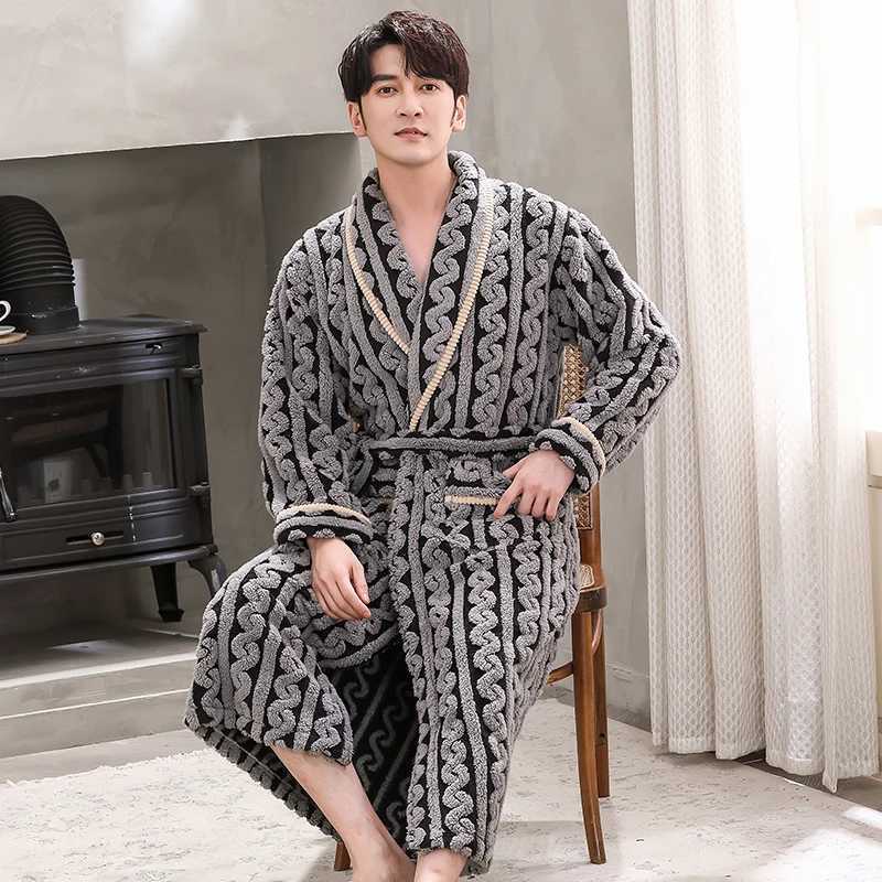 Men Sleepwear Robe Winter Flannel Thicken Terry Robe Male Long Sleeve Kimono Warm Bathrobe Home Wear Peignoir Men Robe C251202