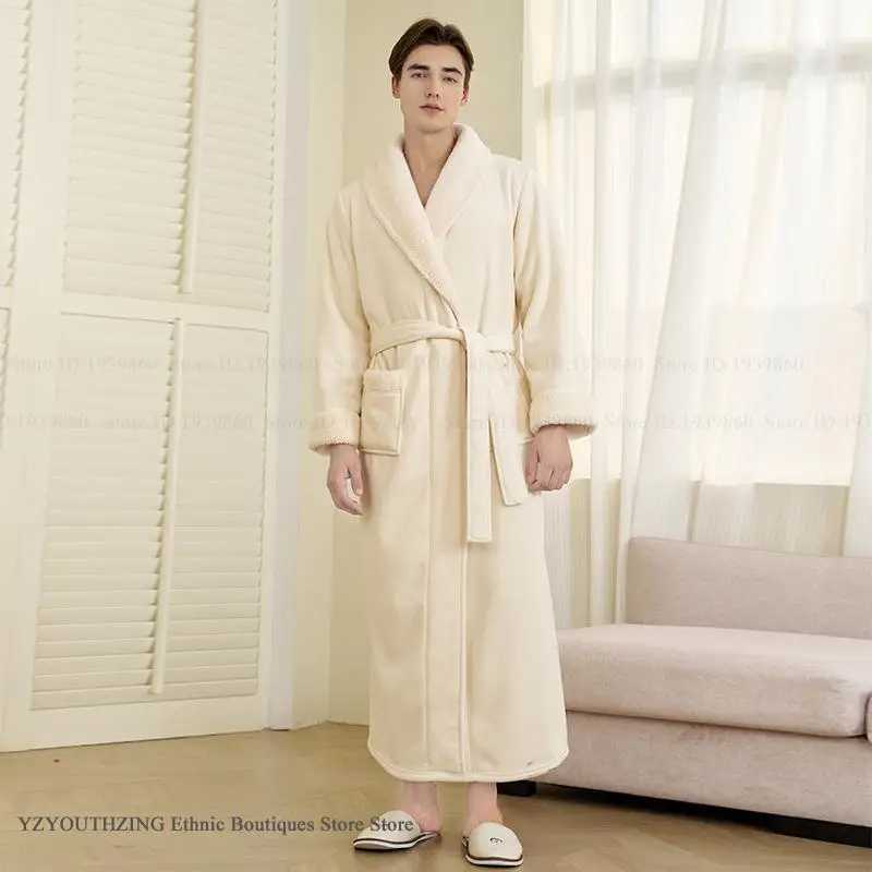 Double Layered Thick Coral Fleece Mens Long Robe Home Clothing Flannel Kimono Gown Bathrobe Couple Sleepwear Casual Lounge Wear C251202