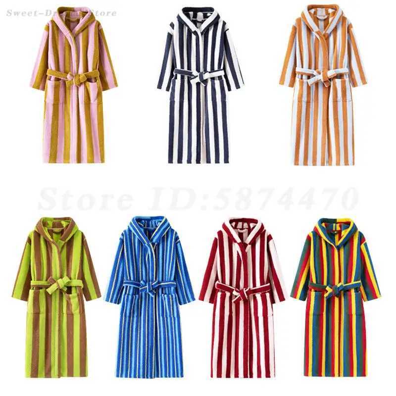 Mens Striped Robe Nightgown Coral Fleece Thick Hooded Bathrobe Kimono Gown Loose Casual Home Wear Winter New Warm Sleepwear C251202