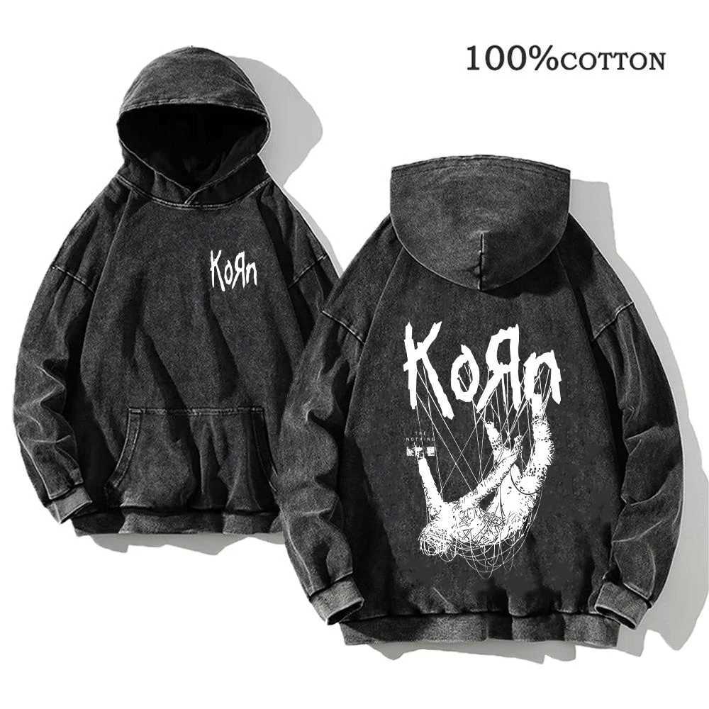 Korn Rock Band World Tour Hoodies Vintage Washed Mens Sweatshirts Cotton Hip Hop Streetwear Hooded Pullover Loose Y2K Tops J251203