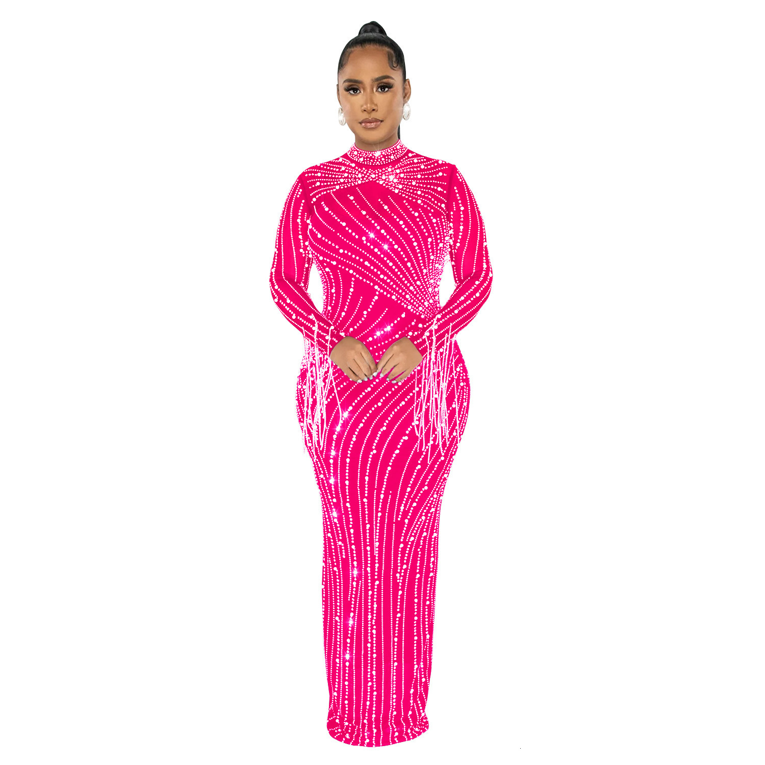 Womens Mesh Diamonds Long Sleeve Prom Dresses Party Formal Bodycon Evening Gown Vestidos Clothing Traf Y2k Zevity 240920