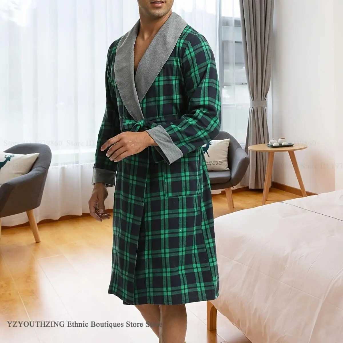 Autumn Men Robe Kimono Gown Bathrobe Gown Loose Casual Male Home Clothing Sleepwear Green Plaid Loungewear Nightwear Negligee C251202