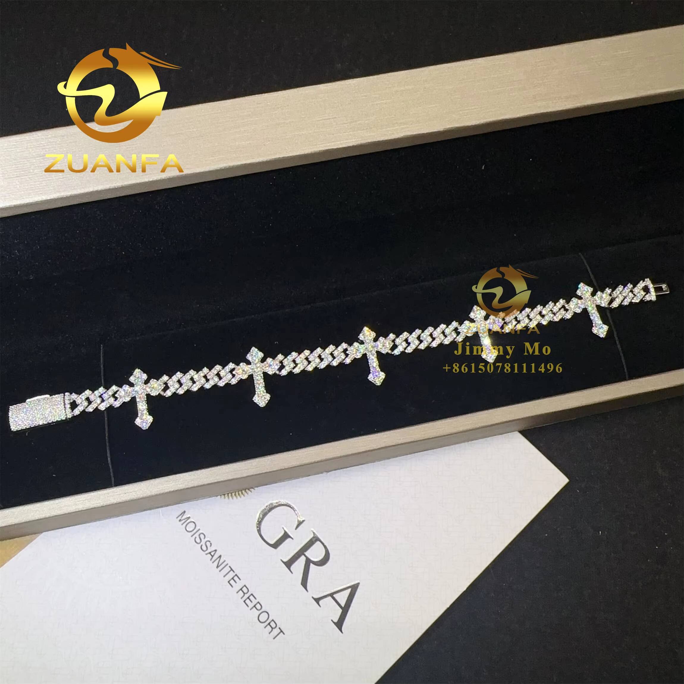 Bulk Stock Rapper Jewelry Iced Out Cross Design Moissanite Cuban Chain 6mm Hip Hop Bracelet 925 Silver Cuban Link Bracelet