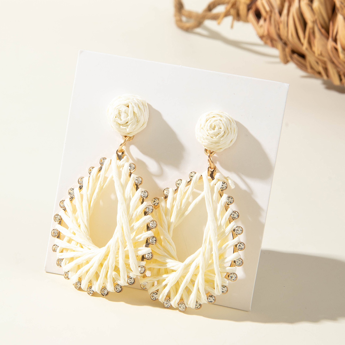 European designer And American luxury Cross-Border Handwoven Raffia Vacation Fashion free shipping Color Block Beach Style Flower Drop Earrings