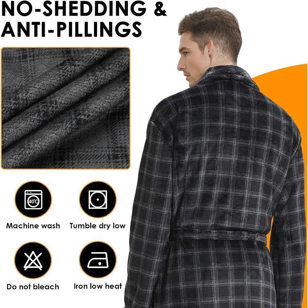 Large Plaid Shawl Collar Full-Length Fleece Bathrobe for Men C251202