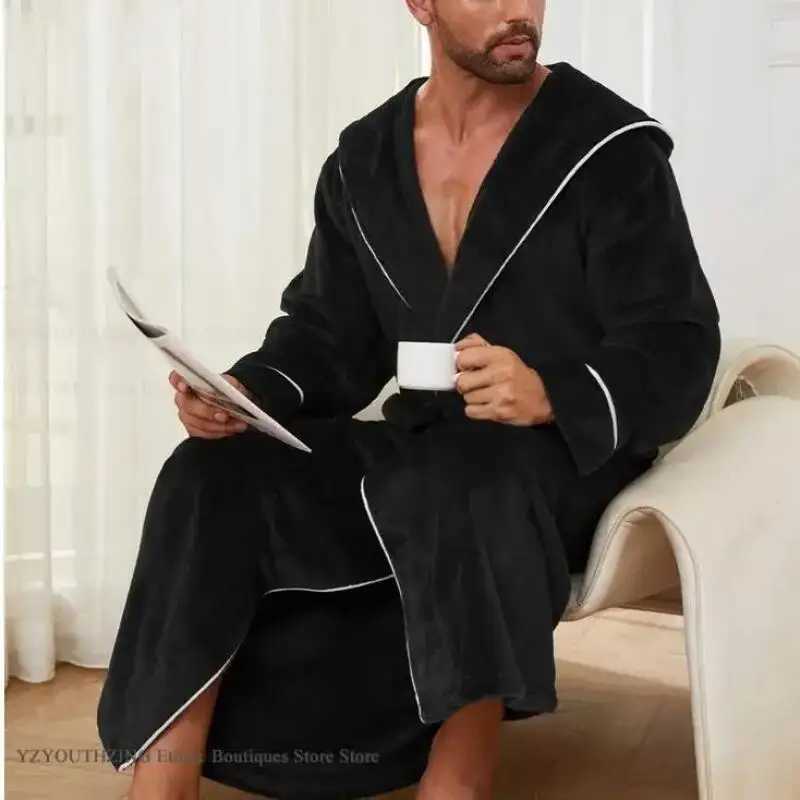 Autumn Winter New Mens Sleepwear Thicken Flannel Hooded Long Robe Bathrobe Kimno Gown Home Clothes Warm Coral Fleece Loungewear C251202