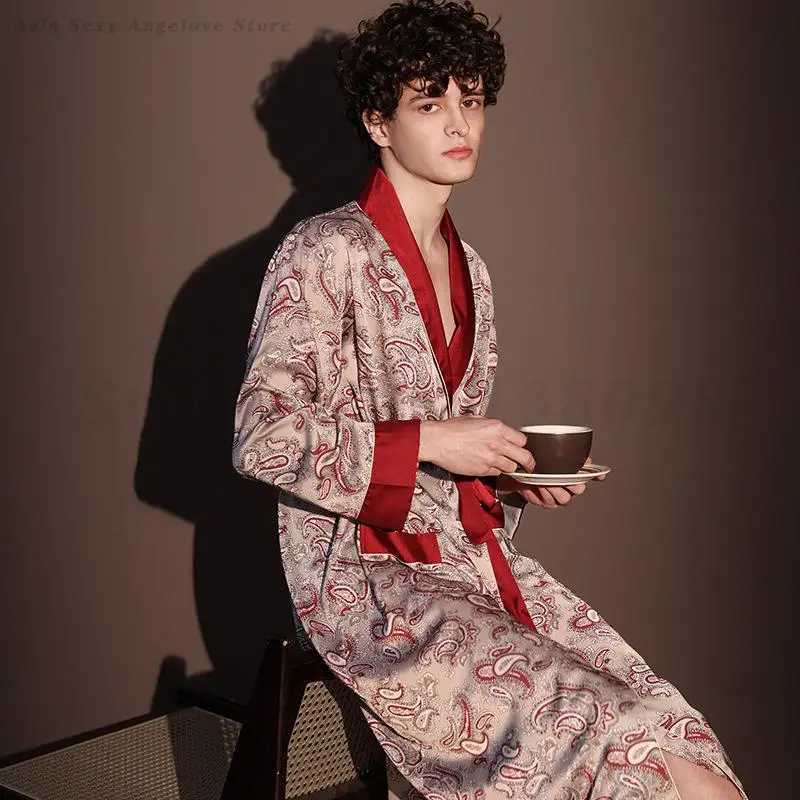 Spring Summer New Nightgown High Quality Mens Sleepwear Robe Satin Print Bathrobe Kimono Long Sleeve Home Wear Boyfriend Gift C251202
