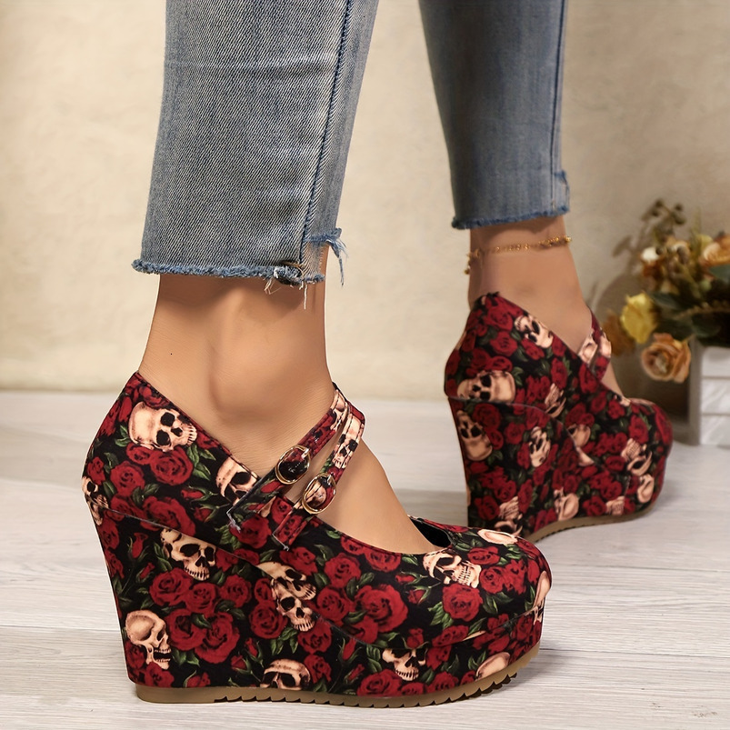 Graceful Ladies Wedge High Heels with Rose Print Glitter Embellishments - Comfortable and Stain-Resistant All-Season Platform Shoes