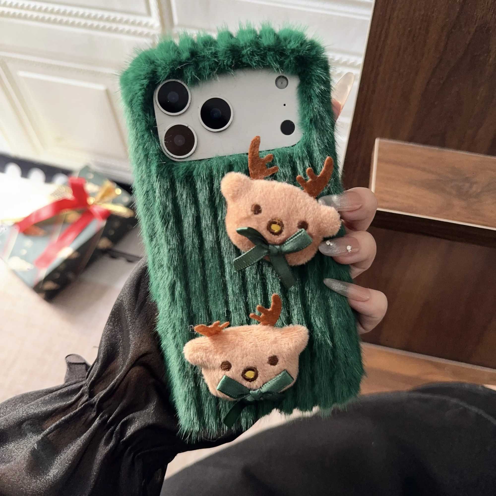 Christmas Fluffy Soft Fur Warm Phone Case for iPhone Air 11 12 13 14 15 16 17 Pro Max 3D Cute Furry Elk Deer Cover Xmas Gifts J251202