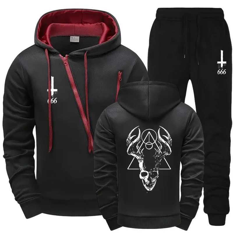 Motorcycle Mens Satan Print Tracksuit 2025 Diagonal Zipper Design Hoodie with Joggers Urban Streetwear Fall Winter Riding Outfit W251202