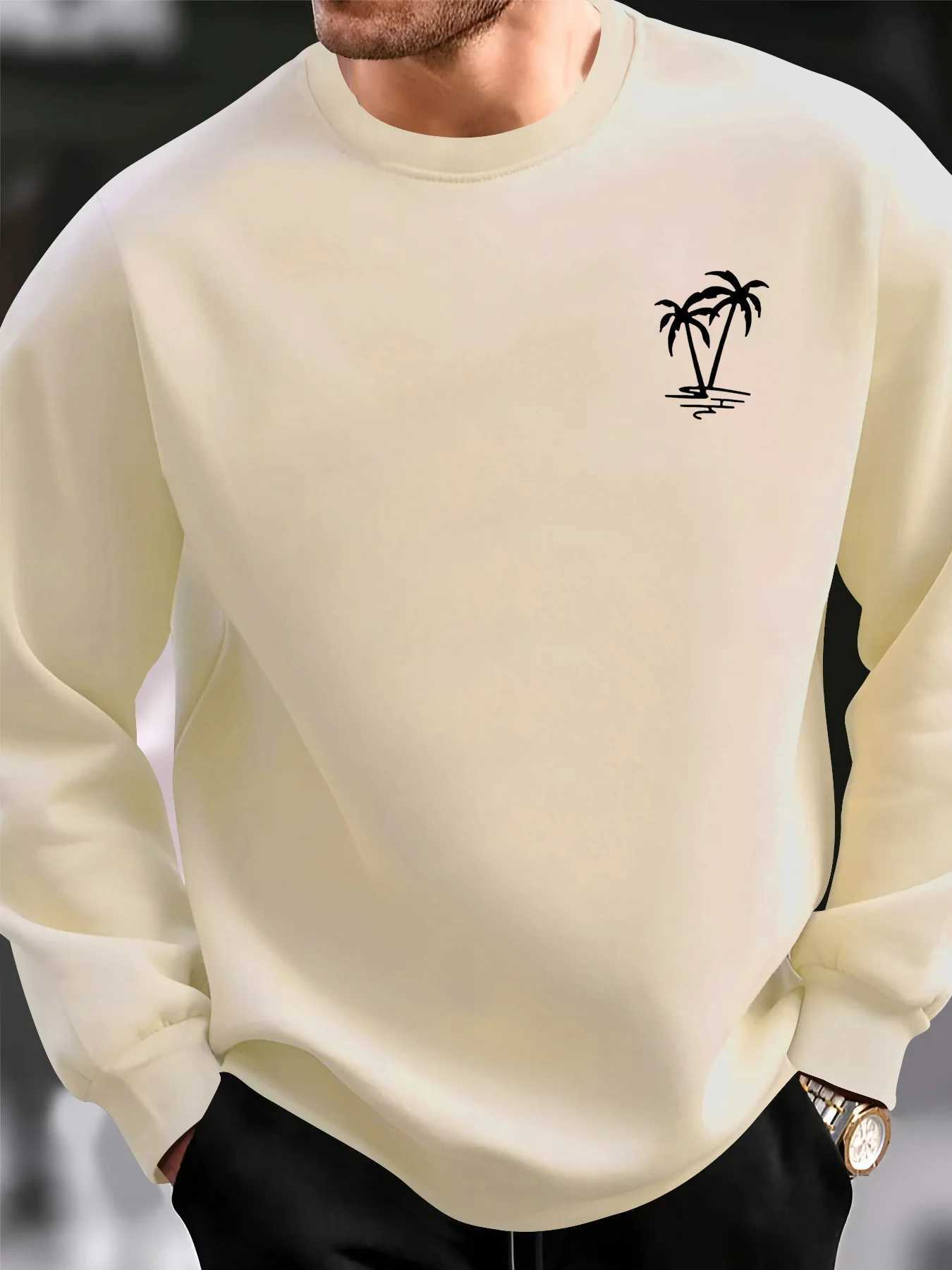 Mens autumn and winter fashionable casual loose coconut tree graphic printed long sleeved round neck sweatshirt J251203