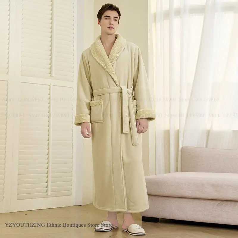 Double Layered Thick Coral Fleece Mens Long Robe Home Clothing Flannel Kimono Gown Bathrobe Couple Sleepwear Casual Lounge Wear C251202