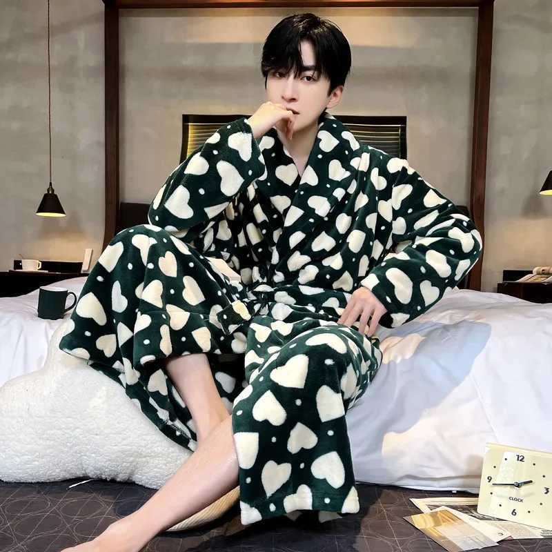 Winter Autumn Thick Robe Sleepwear Mens Warm Flannel Bathrobe Kimono Gown Flip Collar Nightwear Loose Loungewear Warm Home Wear C251202